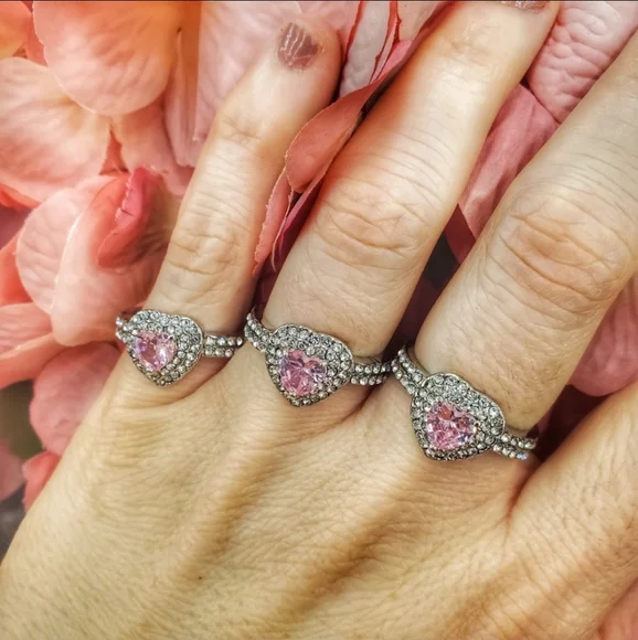 Candy Heart Lush Romance Heart Shaped Crystal Pink Crystal Silver Ring - Picture 11 of 16